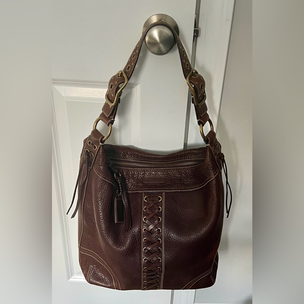 Coach Chelsea Laced Brown Pebbled Leather Duffle Shoulder Bag VINTAGE